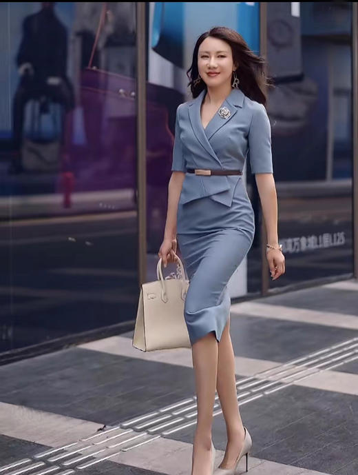 颈袖添香连衣裙修身职业OL通勤女西装裙包臀显瘦粉色商务主持人JD382965 商品图1