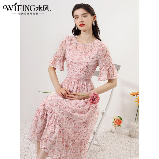 未风粉色雪纺碎花连衣裙女夏2024年夏季新款女装法式高腰显瘦裙子 商品图0