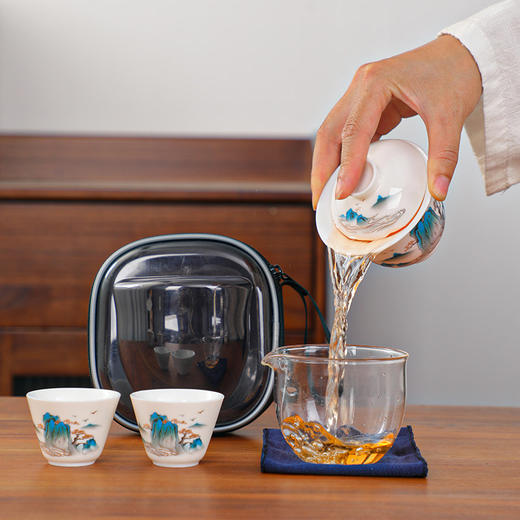 【千里江山旅行茶具】旅行茶具户外便携式快客杯陶瓷，小空间大配置随时携带超便携，一壶两杯小套装 商务活动礼品 商品图2