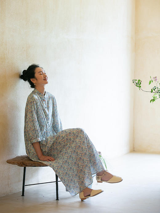 牧衣游原创 夏花印花纯棉连衣裙新款减龄宽松轻薄文艺碎花裙 梨涡 商品图0