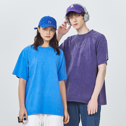 自由基地夏季新款250克洗水落肩炒雪花复古重磅纯棉圆领短袖T恤衫（男女同款）NMT-2133 商品图1