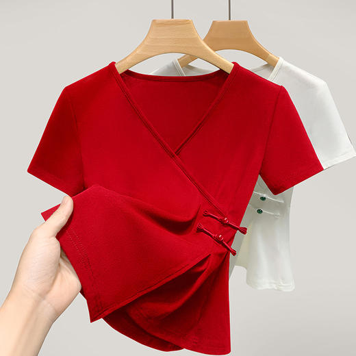 新中式盘扣V领体恤不规则收腰上衣 XY-T4X0638 商品图0