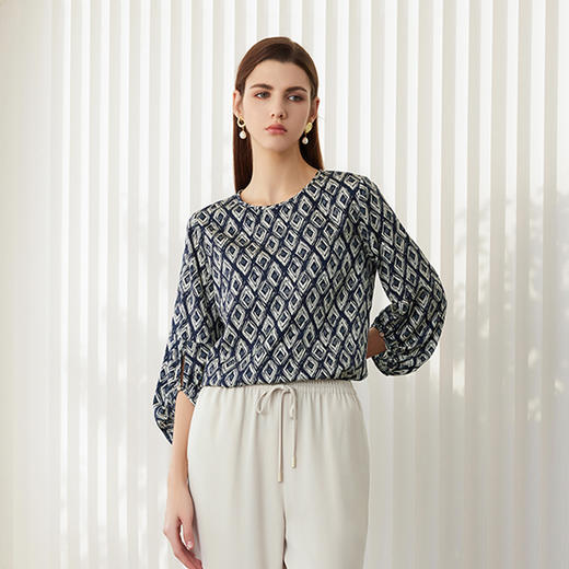 【七分袖桑蚕丝T恤】24年春夏新品女士时尚菱形印花真丝薄款上衣 商品图0