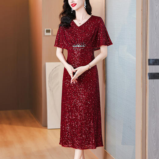 AHM nrm7906亮片年轻款酒红色连衣裙 商品图0