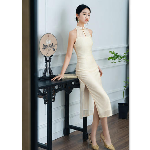 天丝提花旗袍，挂脖露肩性感旗袍裙GX183206 商品图3