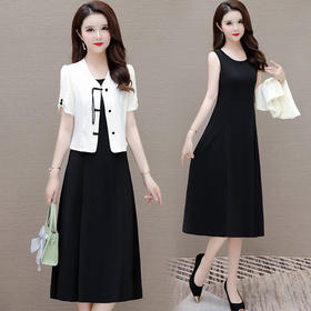 QYM YC2437-Y国风短袖外套+无袖中长款连衣裙时尚两件套裙