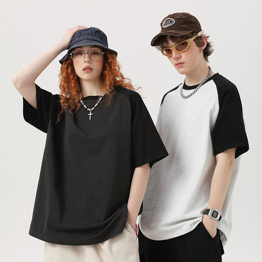 自由基地夏季新款青年潮流260克纯棉插肩拼色圆领短袖T恤衫（男女同款）NMT-2137 商品图0