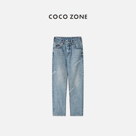 COCO ZONE 牛仔裤修身水洗口袋磨破工艺怀旧直筒裤 23C18348