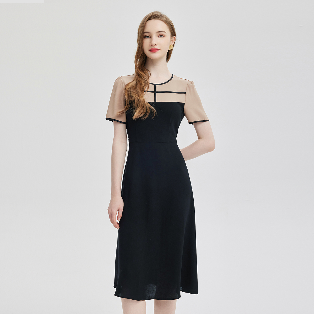 PF816斯尔丽24春夏新款撞色时尚减龄收腰放摆显瘦连衣裙