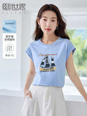 【专属特价】熙世界海军风帆船印花T恤2025夏季新款宽松显瘦圆领设计感上衣