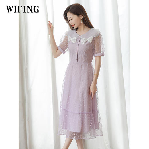 未风紫色网纱娃娃领连衣裙女夏2025夏季新款女装气质高腰减龄裙子 商品图2