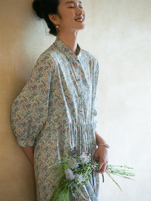 牧衣游原创 夏花印花纯棉连衣裙新款减龄宽松轻薄文艺碎花裙 梨涡 商品图3