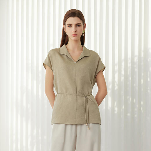 【桑蚕丝短袖T恤】24年春夏新品女士100%桑蚕丝薄款真丝系带上衣 商品图0