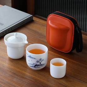 【简单随行手绘茶具】严选手绘茶具礼品套装，一包带走便携好收纳，出门喝茶也有仪式感，羊脂玉旅行快客一壶二杯便携功夫旅游泡茶器QQ新年礼盒年货礼盒