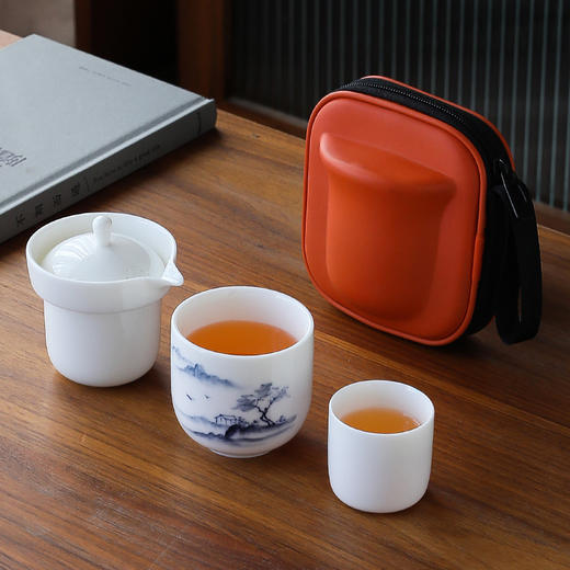 【简单随行手绘茶具】严选手绘茶具礼品套装，一包带走便携好收纳，出门喝茶也有仪式感，羊脂玉旅行快客一壶二杯便携功夫旅游泡茶器QQ新年礼盒年货礼盒 商品图0