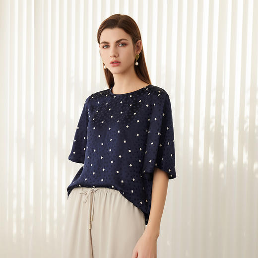 【印花五分袖真丝T恤】24年春夏新品女士100%桑蚕丝圆领套头真丝上衣 商品图1