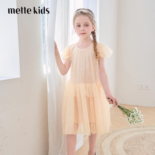 mettekids女童裙子2024夏季新款连衣裙米杏色儿童网纱绣花公主裙 商品图0