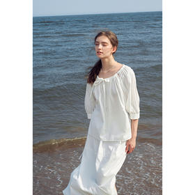 （小眠专属）HeyDress法式白色气质套装女夏季圆领抽褶宽松衬衫高腰花苞半裙