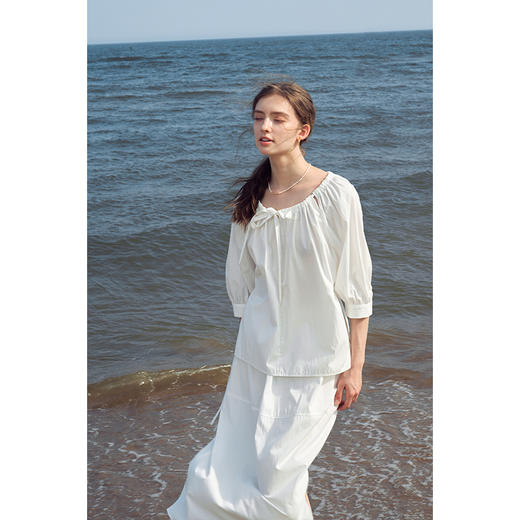 （小眠专属）HeyDress法式白色气质套装女夏季圆领抽褶宽松衬衫高腰花苞半裙 商品图0