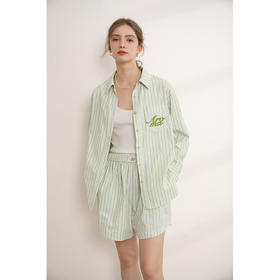 HeyDress复古条纹套装女夏季宽松撞色设计感刺绣衬衣百搭显瘦短裤