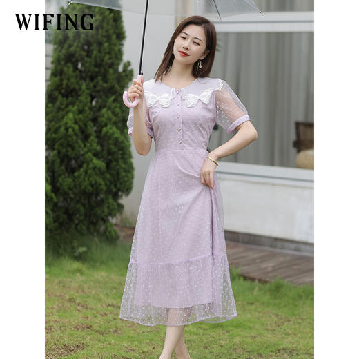 未风紫色网纱娃娃领连衣裙女夏2025夏季新款女装气质高腰减龄裙子 商品图3