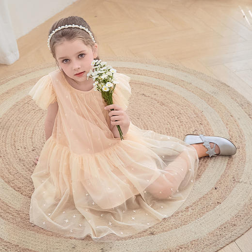 mettekids女童裙子2024夏季新款连衣裙米杏色儿童网纱绣花公主裙 商品图7