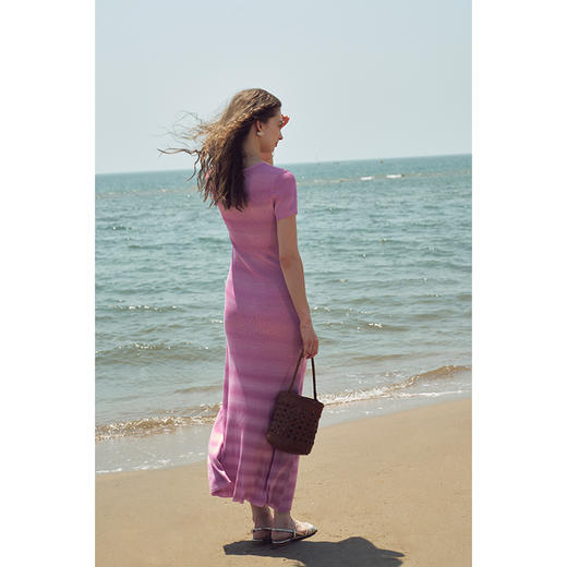 HeyDress渐变针织连衣裙女夏季法式V领条纹设计感冰爽丝段染裙子 商品图2