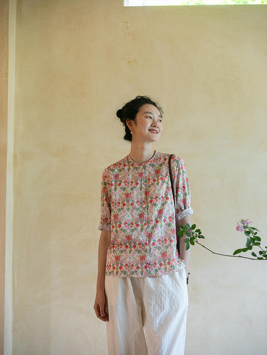 牧衣游原创 蔷薇印花纯棉衬衫女新款轻薄文艺百搭碎花上衣 寄长月 商品图1