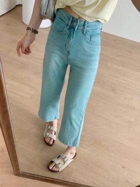 老米优品/🎈好特别~~炒鸡显白！《复古翡翠绿水洗染色 牛仔法棍九分裤》显瘦显腿直！  K240625A