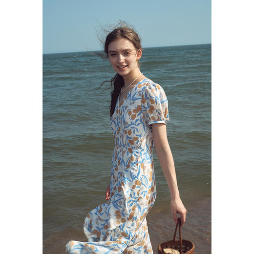 HeyDress原创柠檬碎花连衣裙女夏季法式V领荷叶设计浪漫度假裙子 商品图1