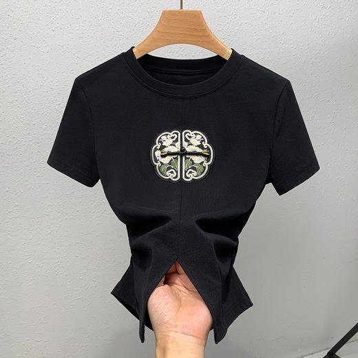 新中式刺绣开叉收腰棉短袖t恤 XY-T4X0683 商品图2