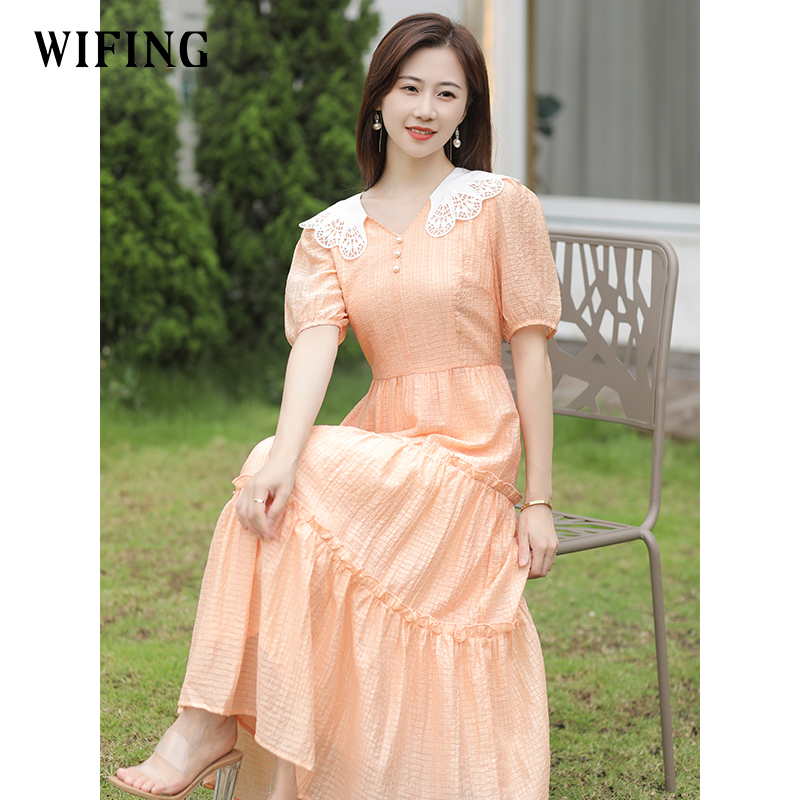 未风桔色雪纺娃娃领连衣裙女夏2025年夏季新款时尚泡泡袖收腰裙子