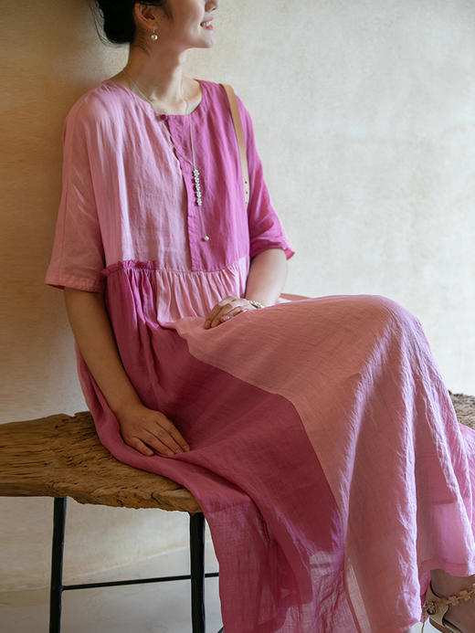 牧衣游原创设计 撞色拼接苎麻连衣裙新款轻薄文艺宽松长裙 霓裳曲 商品图3