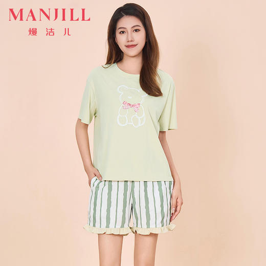 【商场同款】熳洁儿 女士家居服夏季甜美风人棉短袖短裤套装荷叶裤脚24203237 商品图1