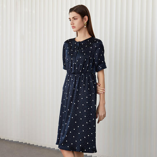 【桑蚕丝印花连衣裙】24年春夏女士新品100%桑蚕丝藏青米格印花中长款真丝裙子 商品图1