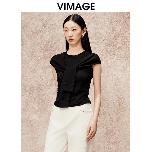 VIMAGE纬漫纪假两件高级通勤简约修身显瘦黑色T恤上衣秋新款V2213802 商品图1