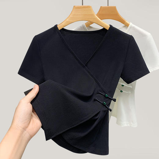 新中式盘扣V领体恤不规则收腰上衣 XY-T4X0638 商品图1