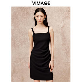 VIMAGE纬漫纪时尚露背基础款简约方领宽吊带黑色连衣裙秋新款V2207806