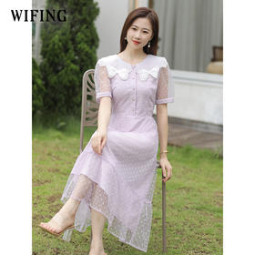 未风紫色网纱娃娃领连衣裙女夏2025夏季新款女装气质高腰减龄裙子