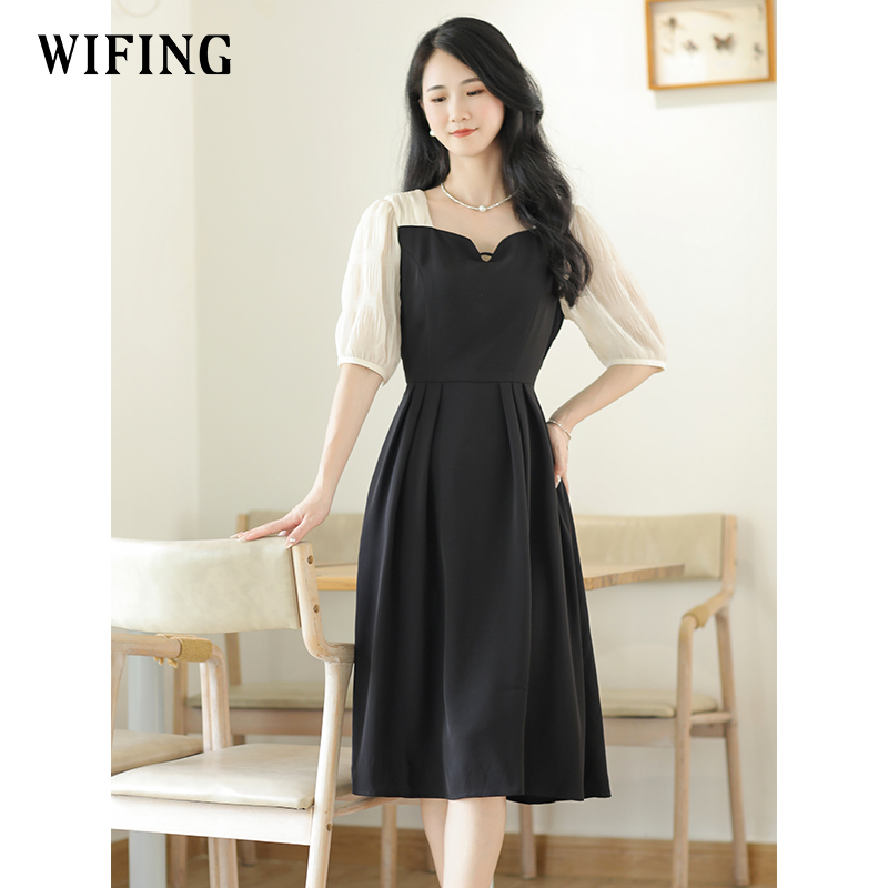 未风黑色假两件连衣裙女夏2025年夏季新款时尚泡泡袖收腰显瘦裙子