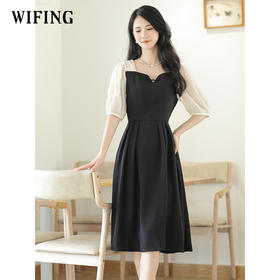 未风黑色假两件连衣裙女夏2025年夏季新款时尚泡泡袖收腰显瘦裙子