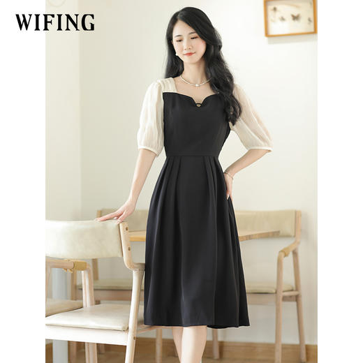 未风黑色假两件连衣裙女夏2025年夏季新款时尚泡泡袖收腰显瘦裙子 商品图0