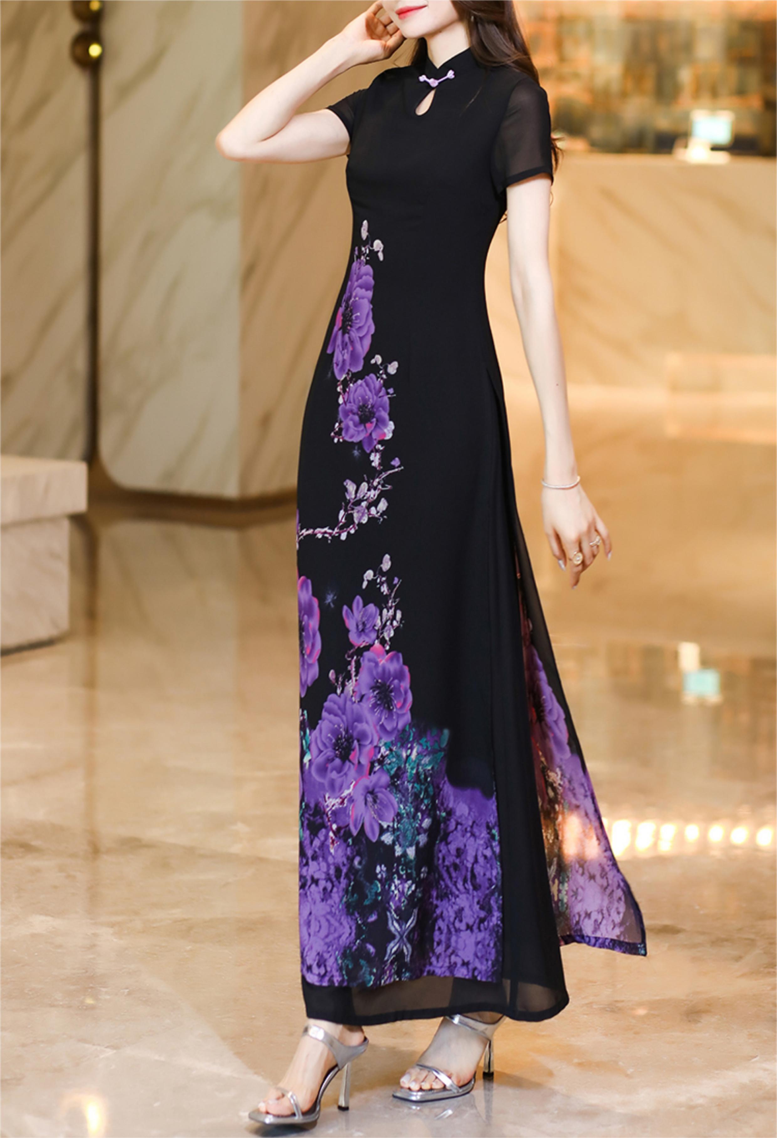 首尚格释--2024夏季新款复古风连衣裙女水滴领短袖气质收腰显瘦开叉一