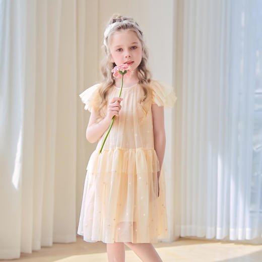mettekids女童裙子2024夏季新款连衣裙米杏色儿童网纱绣花公主裙 商品图5
