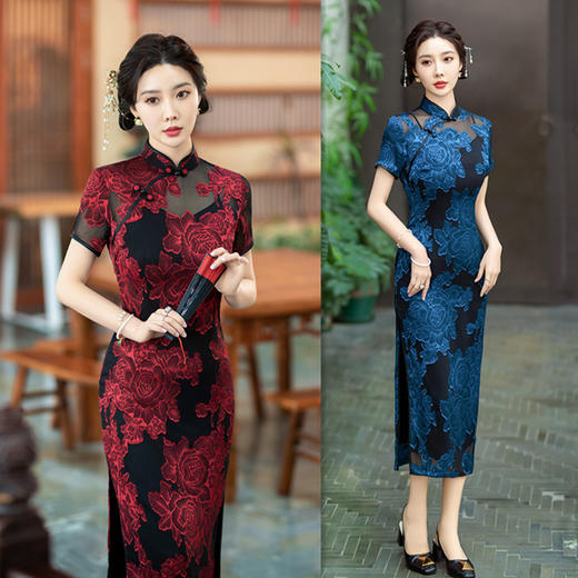 老上海复古国风改良中式长款剪花短袖旗袍2024春夏新款喜妈妈旗袍SYK21905 商品图3