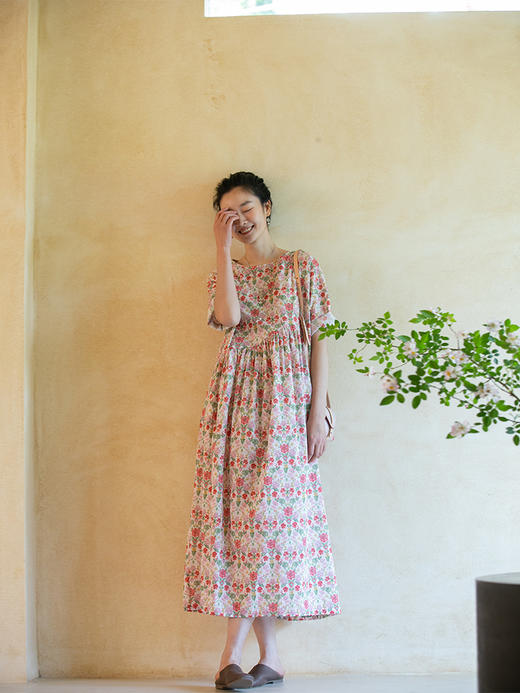 牧衣游原创 蔷薇印花棉连衣裙新款宽松文艺浪漫粉色碎花裙 渡月 商品图1