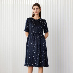 【桑蚕丝印花连衣裙】24年春夏女士新品100%桑蚕丝藏青米格印花中长款真丝裙子