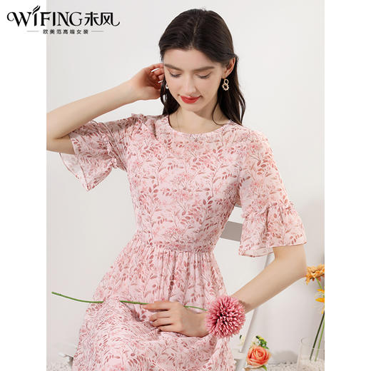 未风粉色雪纺碎花连衣裙女夏2024年夏季新款女装法式高腰显瘦裙子 商品图1