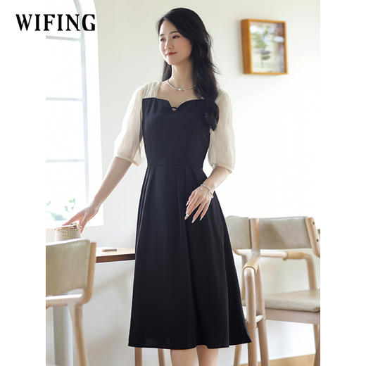 未风黑色假两件连衣裙女夏2025年夏季新款时尚泡泡袖收腰显瘦裙子 商品图3