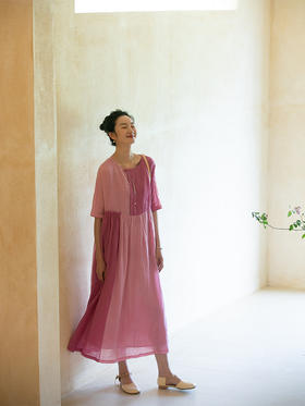 牧衣游原创设计 撞色拼接苎麻连衣裙新款轻薄文艺宽松长裙 霓裳曲